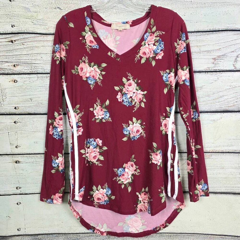No Comment Womens Floral Long Sleeve Top Maroon M